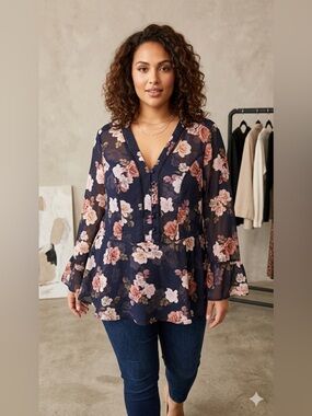 City Chic Navy Floral V-Neck Peplum Blouse with Blush Roses